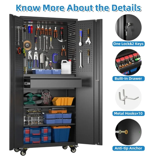 Rolling Storage Cabinet with Hooks and Pegboards
