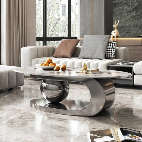 Coffee Table with Silver Stainless Steel Pedestal