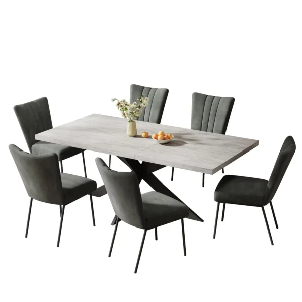 6-Piece Extendable Dining Table Set, Modern 51''–67'' Grey Wood Table with 6 Black Fabric Chairs, Dining Room Table, Customized